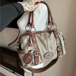 Fossil Metallic Silver and Brown Satchel
